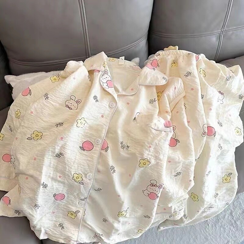 Iepuri imprimate Seturi de pijamale Kawaii drăguțe pentru femei Seturi de pijamale moi de toamnă Lenjerie de dormit Set pantaloni cu mânecă lungă Pijamale pentru femei Costum de acasă