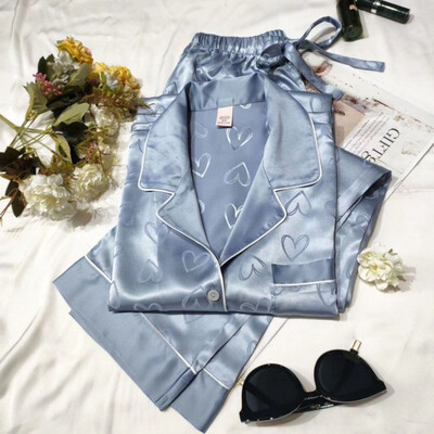 Dámske pyžamo s dlhým rukávom a čipkou Ice Silk, zelené, prémiové, dvojdielne, s efektom Sweet Homewear, modrá