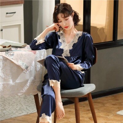 Dámske pyžamo s dlhým rukávom a čipkou Ice Silk, zelené, prémiové, dvojdielne, s efektom Sweet Homewear, modrá