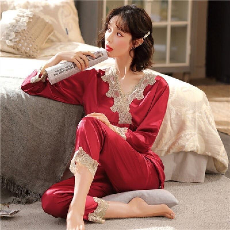 Dámske pyžamo s dlhým rukávom a čipkou Ice Silk, zelené, prémiové, dvojdielne, s efektom Sweet Homewear, modrá