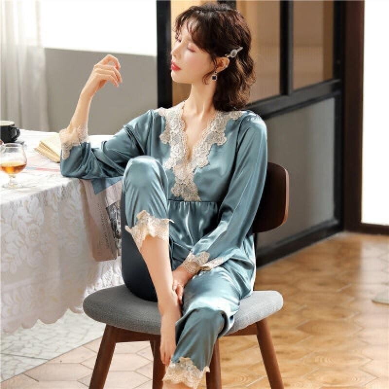 Dámske pyžamo s dlhým rukávom a čipkou Ice Silk, zelené, prémiové, dvojdielne, s efektom Sweet Homewear, modrá