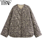 TRAF Parky s leopardím vzorom, prešívaná bunda pre ženy, vintage dlhý rukáv, teplá zimná bunda na zips, krátka prešívaná bunda
