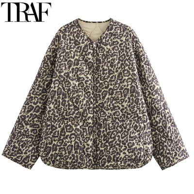 TRAF Parky s leopardím vzorom, prešívaná bunda pre ženy, vintage dlhý rukáv, teplá zimná bunda na zips, krátka prešívaná bunda