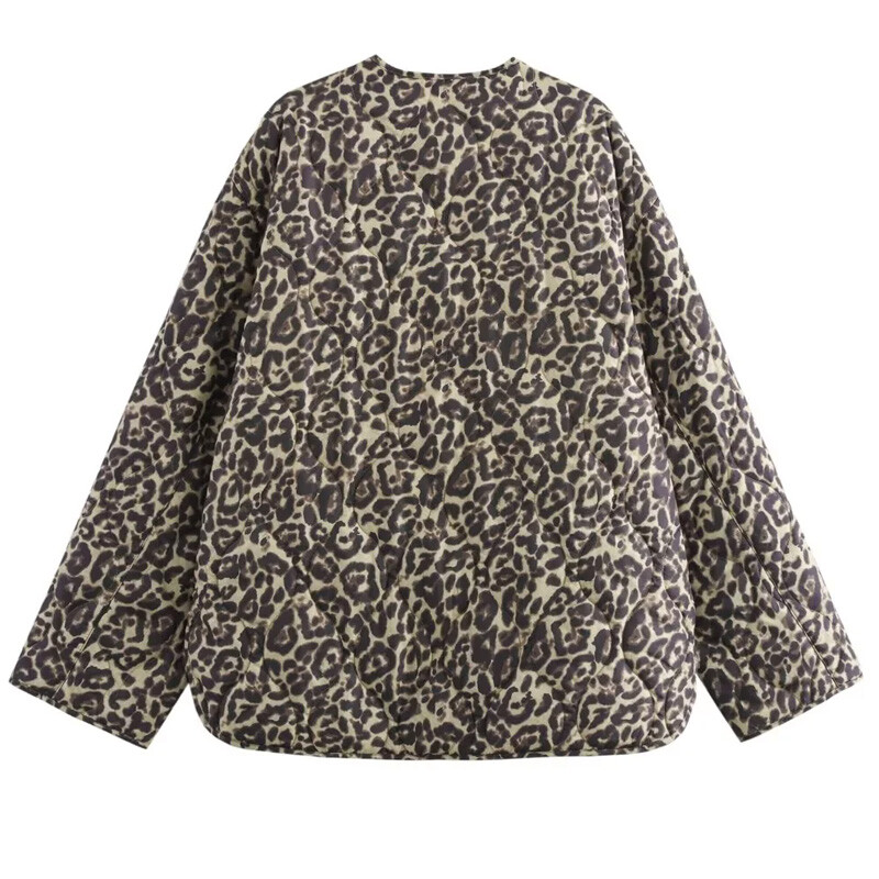 TRAF Parky s leopardím vzorom, prešívaná bunda pre ženy, vintage dlhý rukáv, teplá zimná bunda na zips, krátka prešívaná bunda
