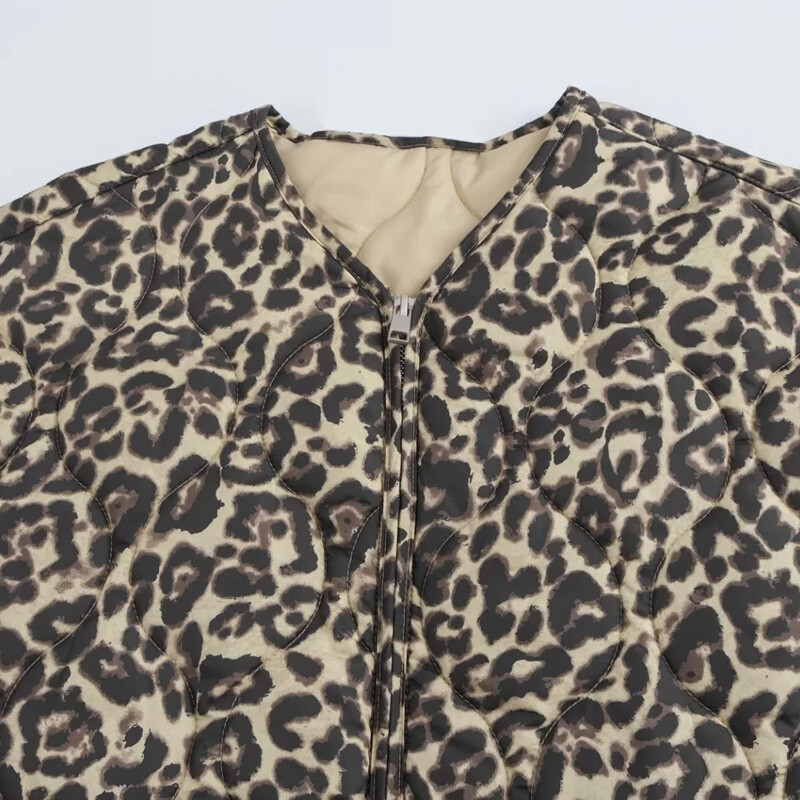 TRAF Parky s leopardím vzorom, prešívaná bunda pre ženy, vintage dlhý rukáv, teplá zimná bunda na zips, krátka prešívaná bunda