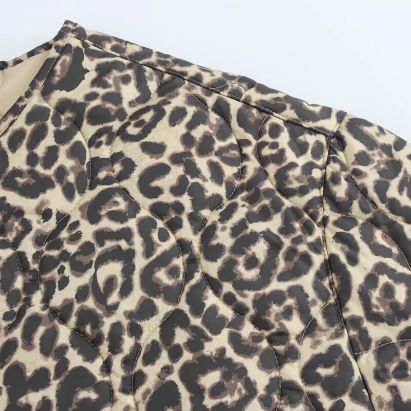 TRAF Parky s leopardím vzorom, prešívaná bunda pre ženy, vintage dlhý rukáv, teplá zimná bunda na zips, krátka prešívaná bunda