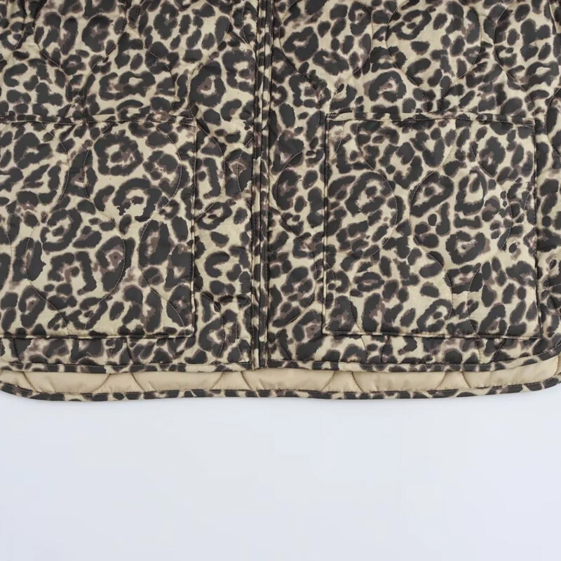 TRAF Parky s leopardím vzorom, prešívaná bunda pre ženy, vintage dlhý rukáv, teplá zimná bunda na zips, krátka prešívaná bunda