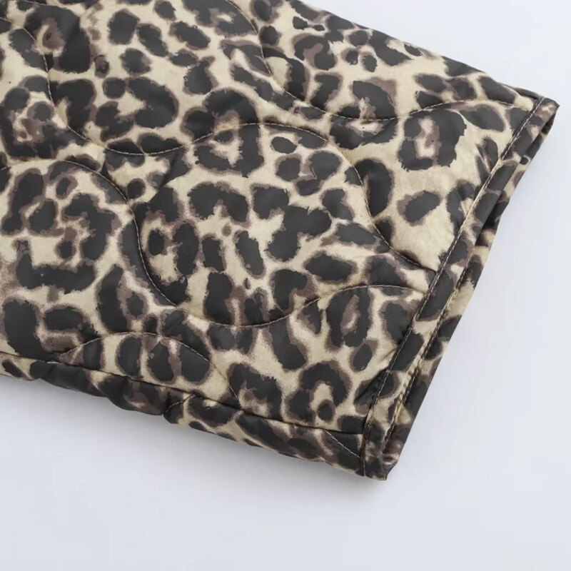 TRAF Parky s leopardím vzorom, prešívaná bunda pre ženy, vintage dlhý rukáv, teplá zimná bunda na zips, krátka prešívaná bunda
