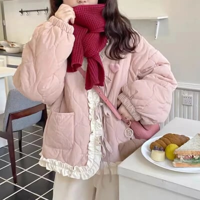 Japāņu mežģīņu jaka Kawaii kokvilnas jaka sievietēm, salda vintage, volānveida rozā Y2k moderna Lolita Parkas ziemas plīša silta ikdienas virsdrēbes