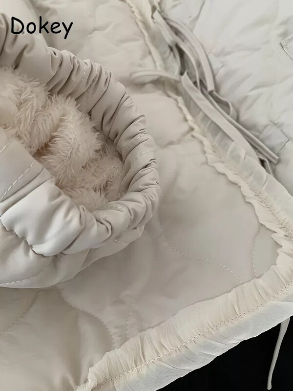 Japāņu mežģīņu jaka Kawaii kokvilnas jaka sievietēm, salda vintage, volānveida rozā Y2k moderna Lolita Parkas ziemas plīša silta ikdienas virsdrēbes