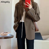 Μπλέιζερ Γυναικεία ρετρό βρετανικού στιλ μονόχρωμο καφέ μονόχρωμο φαρδύ κοστούμι Μπλέιζερ Κομψά ρούχα με εγκοπές στο γραφείο Lady