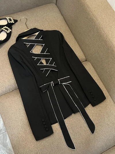 Oblek Golier Sexy Ramienko S hlbokým výstrihom Diamond Black Blazer Mujer Vintage Fashion Kórejský top Y2k Bunda Dámske Femme Coats