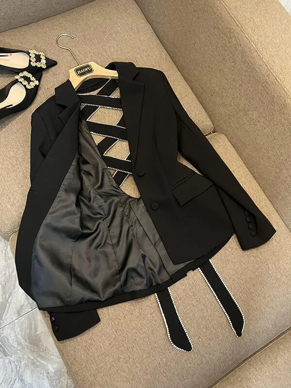 Oblek Golier Sexy Ramienko S hlbokým výstrihom Diamond Black Blazer Mujer Vintage Fashion Kórejský top Y2k Bunda Dámske Femme Coats