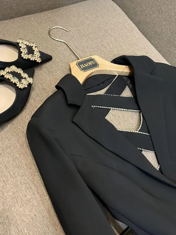 Oblek Golier Sexy Ramienko S hlbokým výstrihom Diamond Black Blazer Mujer Vintage Fashion Kórejský top Y2k Bunda Dámske Femme Coats