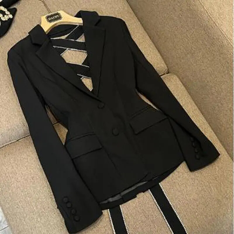 Oblek Golier Sexy Ramienko S hlbokým výstrihom Diamond Black Blazer Mujer Vintage Fashion Kórejský top Y2k Bunda Dámske Femme Coats