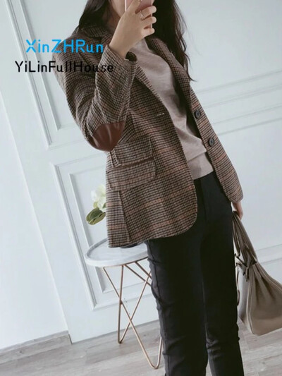 Моден дамски вълнен кариран малък костюм 2024 Пролет Есен Нова мода Корейска версия Плюс размер Ретро ежедневни дамски костюм Връхни дрехи