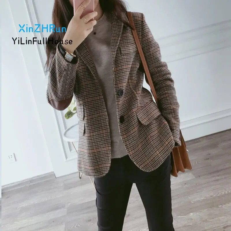 Моден дамски вълнен кариран малък костюм 2024 Пролет Есен Нова мода Корейска версия Плюс размер Ретро ежедневни дамски костюм Връхни дрехи