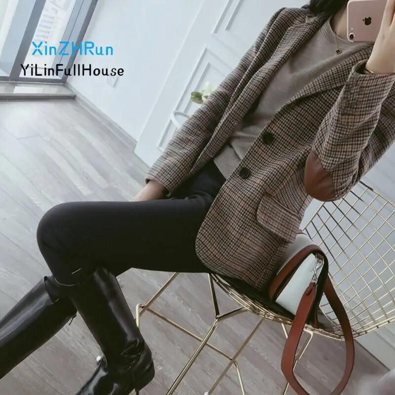 Моден дамски вълнен кариран малък костюм 2024 Пролет Есен Нова мода Корейска версия Плюс размер Ретро ежедневни дамски костюм Връхни дрехи