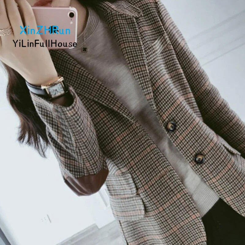 Моден дамски вълнен кариран малък костюм 2024 Пролет Есен Нова мода Корейска версия Плюс размер Ретро ежедневни дамски костюм Връхни дрехи