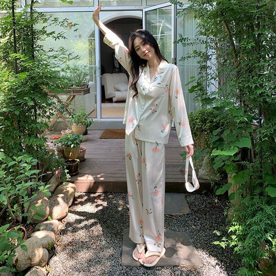 2023, primăvară, toamnă, noua pijamale din mătase de gheață, 2 bucăți, pentru femei, cardigan la modă, pijamale pentru femei, cu imprimare dulce, haine de relaxare, set pentru femei