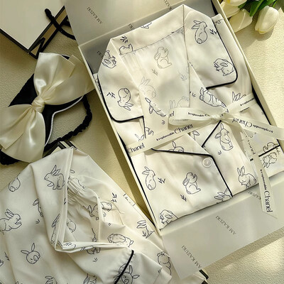 2023, primăvară, toamnă, noua pijamale din mătase de gheață, 2 bucăți, pentru femei, cardigan la modă, pijamale pentru femei, cu imprimare dulce, haine de relaxare, set pentru femei