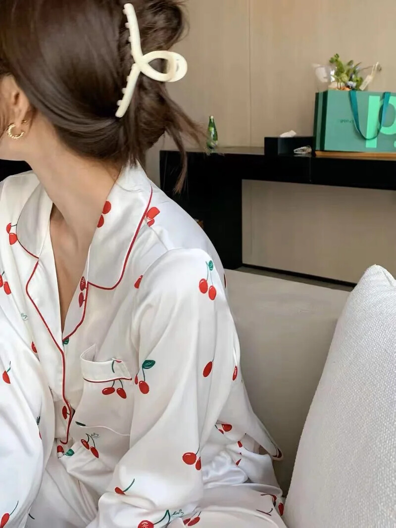 2023, primăvară, toamnă, noua pijamale din mătase de gheață, 2 bucăți, pentru femei, cardigan la modă, pijamale pentru femei, cu imprimare dulce, haine de relaxare, set pentru femei