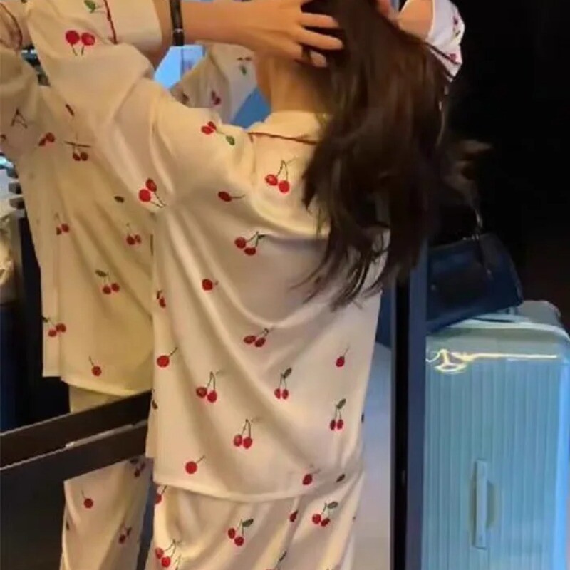 2023, primăvară, toamnă, noua pijamale din mătase de gheață, 2 bucăți, pentru femei, cardigan la modă, pijamale pentru femei, cu imprimare dulce, haine de relaxare, set pentru femei