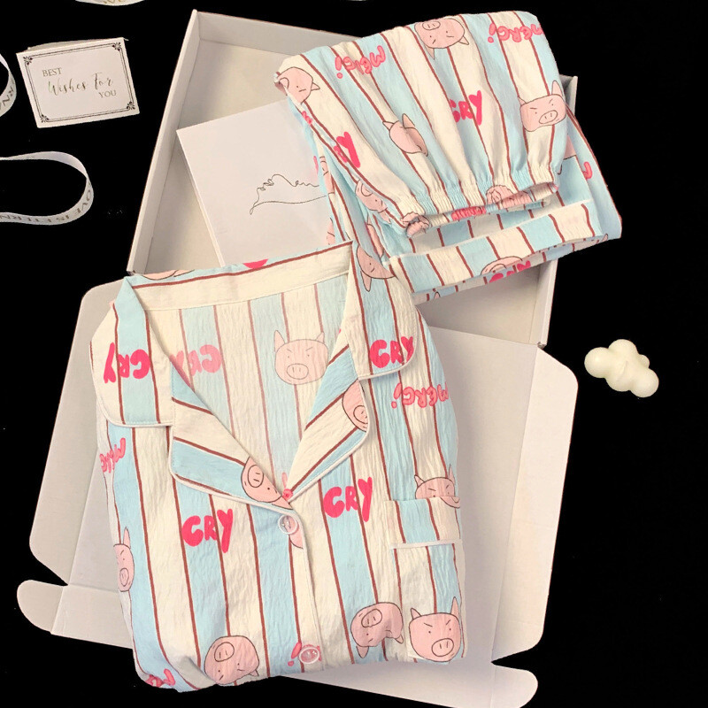 Tavaszi és őszi női felhőpamut pizsama háziruha szett csíkos hosszú ujjú malac nyomott pizsama édes lányoknak otthoni ruha