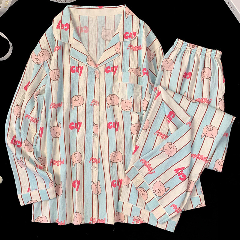 Tavaszi és őszi női felhőpamut pizsama háziruha szett csíkos hosszú ujjú malac nyomott pizsama édes lányoknak otthoni ruha