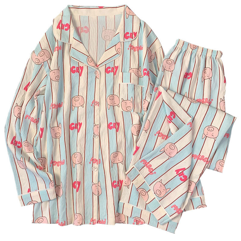 Tavaszi és őszi női felhőpamut pizsama háziruha szett csíkos hosszú ujjú malac nyomott pizsama édes lányoknak otthoni ruha