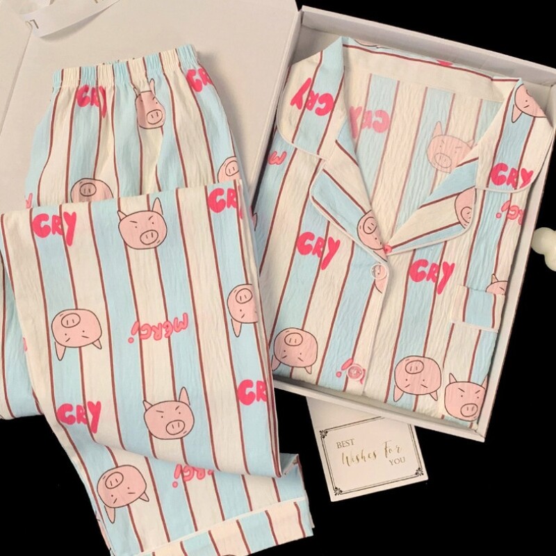 Tavaszi és őszi női felhőpamut pizsama háziruha szett csíkos hosszú ujjú malac nyomott pizsama édes lányoknak otthoni ruha