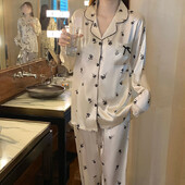 Rudens naujos juodos rožės krašto nėriniai Saldžios kelnės ilgomis rankovėmis merginoms, dėvinčioms namų kostiumus, pavasario satino šilko prabangios pižamos moterims