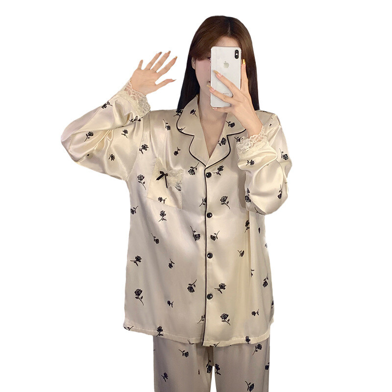 Rudens naujos juodos rožės krašto nėriniai Saldžios kelnės ilgomis rankovėmis merginoms, dėvinčioms namų kostiumus, pavasario satino šilko prabangios pižamos moterims