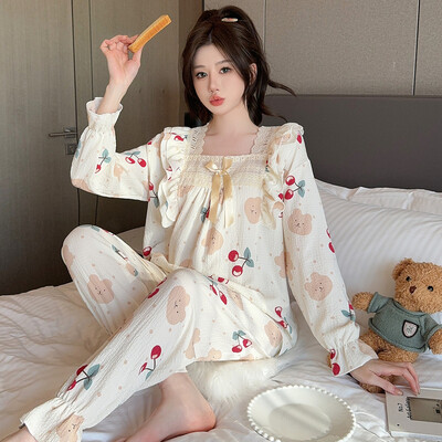 Lady Sweet Style Y2k Cartoon Дамски пижами Bubble Cotton Bow Женска нощница с квадратно деколте 2024 Есен Ново младежко шик спално облекло