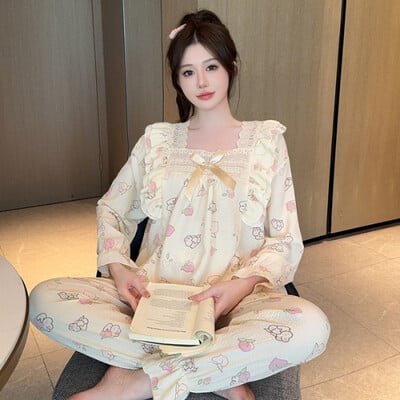 Lady Sweet Style Y2k animacinių filmų moteriška pižama, medvilnė, lankas kvadratiniu kaklu, moteriški naktiniai marškiniai, 2024 m. rudens Nauji, prašmatnūs miegui