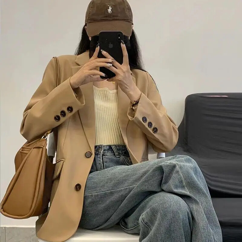 Dámske sako Vintage kabát Módny vrúbkovaný golier s dlhým rukávom Dámske vrchné oblečenie Elegantné kancelárske dámske dvojradové streetwear