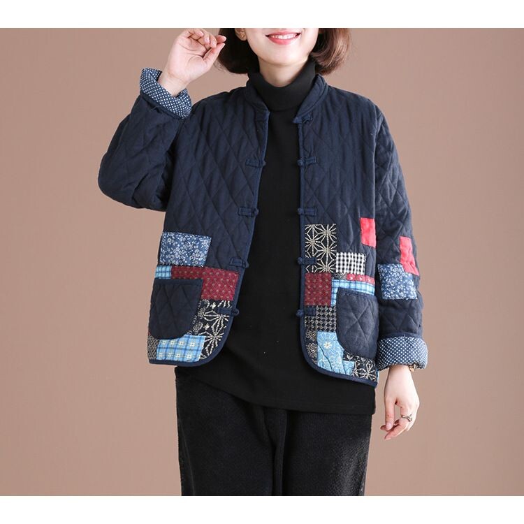 Есенно зимно късо палто Пачуърк Винтидж ватирано яке Едноредно памучно яке с дълъг ръкав Голям размер Дизайн Връхни дрехи