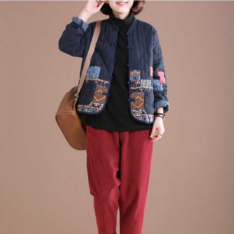 Есенно зимно късо палто Пачуърк Винтидж ватирано яке Едноредно памучно яке с дълъг ръкав Голям размер Дизайн Връхни дрехи