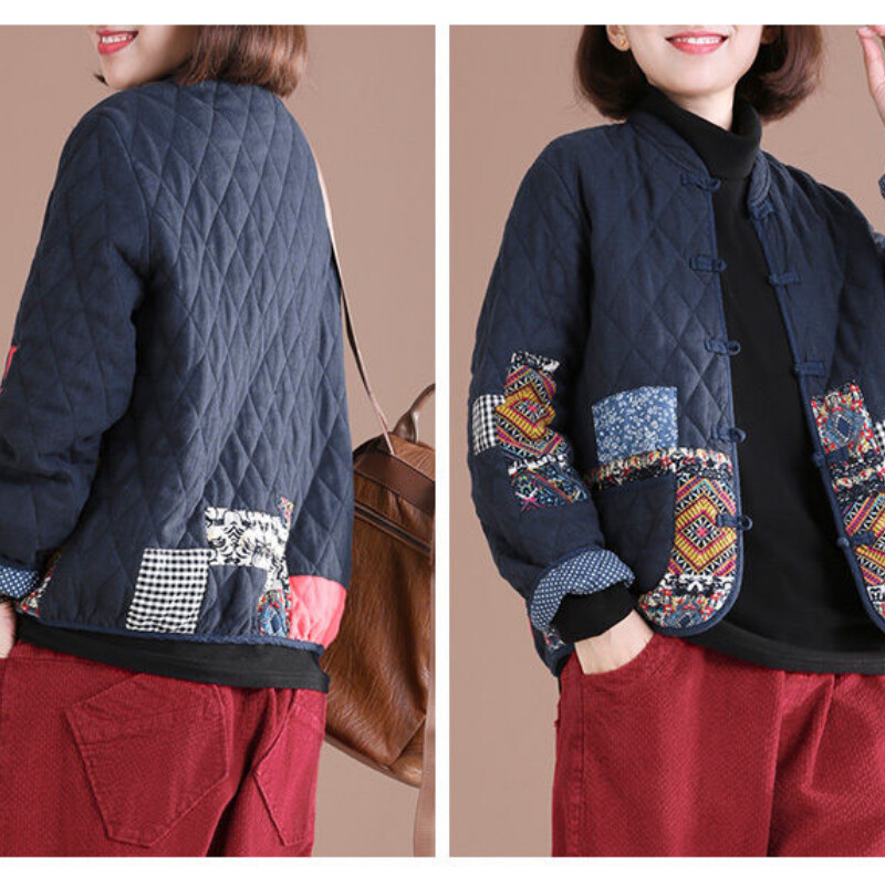 Есенно зимно късо палто Пачуърк Винтидж ватирано яке Едноредно памучно яке с дълъг ръкав Голям размер Дизайн Връхни дрехи