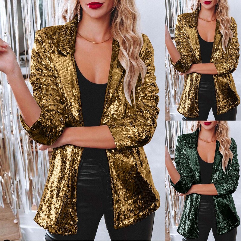Fashion Blazer Party Sequin Striukė su blizgučiais moterims, atvira priekyje Blizganti viršutinė striukė ilgomis rankovėmis megztiniais.