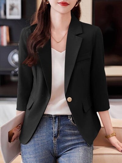 ZANZEA elegantiškas moteriškas laisvalaikio švarkas korėjietiškas 3/4 rankovių biuro apranga, kasdieniai kasdieniai kostiumai, 2024 m. madingi raižyti atvartai, rudens švarkas