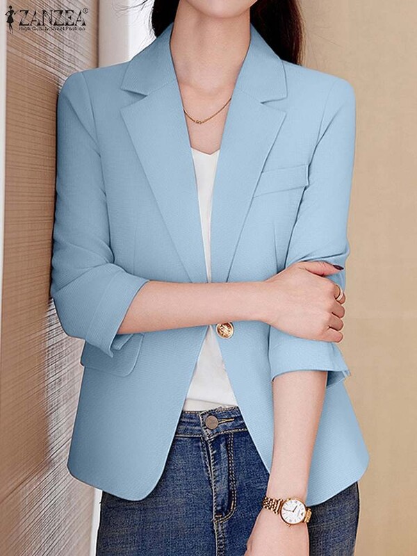 ZANZEA elegantiškas moteriškas laisvalaikio švarkas korėjietiškas 3/4 rankovių biuro apranga, kasdieniai kasdieniai kostiumai, 2024 m. madingi raižyti atvartai, rudens švarkas