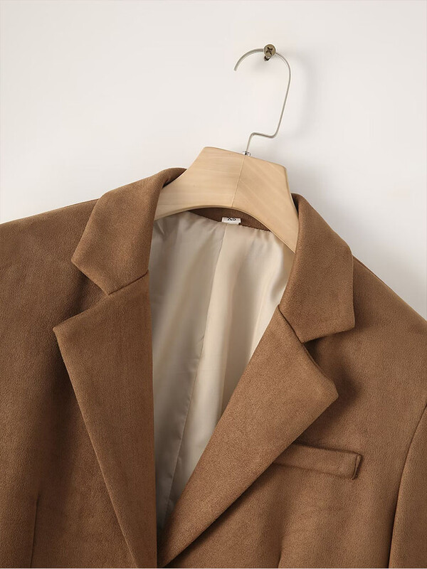 2024 m. europietiško ir amerikietiško stiliaus naujos moteriškos mados tendencijos, vienspalvė vienspalvė zomšinio kostiumo striukė ilgomis rankovėmis