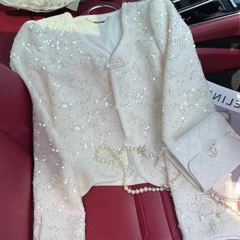 Balts, dzirkstošs uzvalks, sieviešu mētelis, 2024. gada pavasaris, jauns Guofeng pankou biroja bleizeris, sieviešu elegants, grezns virsdrēbes