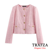 TRAFZA Vintage rózsaszín női blézer divat 2024 tavaszi őszi O-nyak texturált tömör rövid blézer irodai női dzseki elegáns felsők