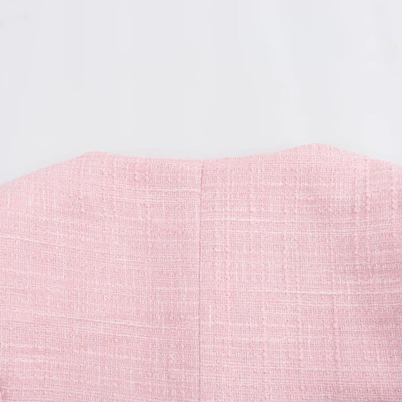 TRAFZA Vintage rózsaszín női blézer divat 2024 tavaszi őszi O-nyak texturált tömör rövid blézer irodai női dzseki elegáns felsők