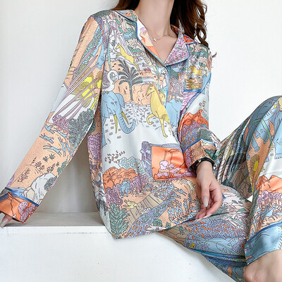 Jxgarb New Spring Cartoon Print Casual Σατέν Σετ Πυτζάμες Μόδας Γυναικείες Καινοτομία Πιτζάμες από πάγο Μεταξωτές Πιτζάμες για ύπνο