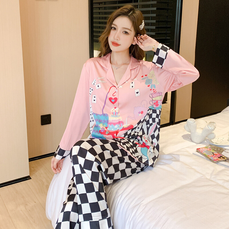 Jxgarb New Spring Cartoon Print Casual Σατέν Σετ Πυτζάμες Μόδας Γυναικείες Καινοτομία Πιτζάμες από πάγο Μεταξωτές Πιτζάμες για ύπνο