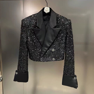 Módne flitrované orezané sako pre ženy z roku 2024, vintage kórejské sako s dlhým rukávom, vrchné oblečenie, elegantná bunda, kabát, sako Femme
