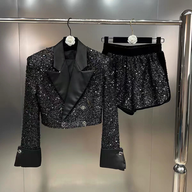 Módne flitrované orezané sako pre ženy z roku 2024, vintage kórejské sako s dlhým rukávom, vrchné oblečenie, elegantná bunda, kabát, sako Femme